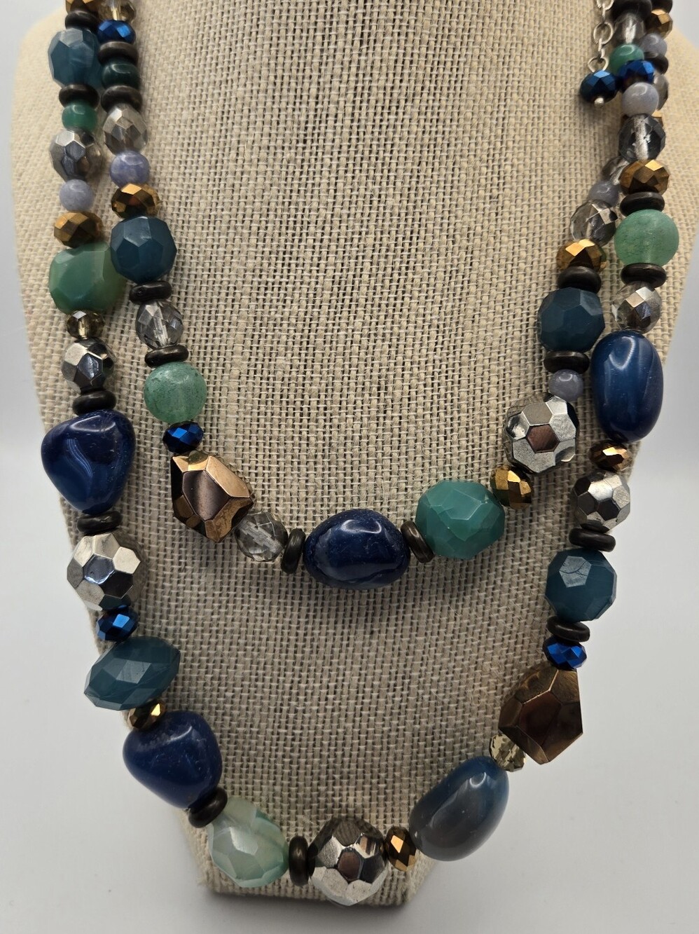 Chico's Double-Strand Blue Green Copper Glass Stone Bead Necklace Natural Chunky